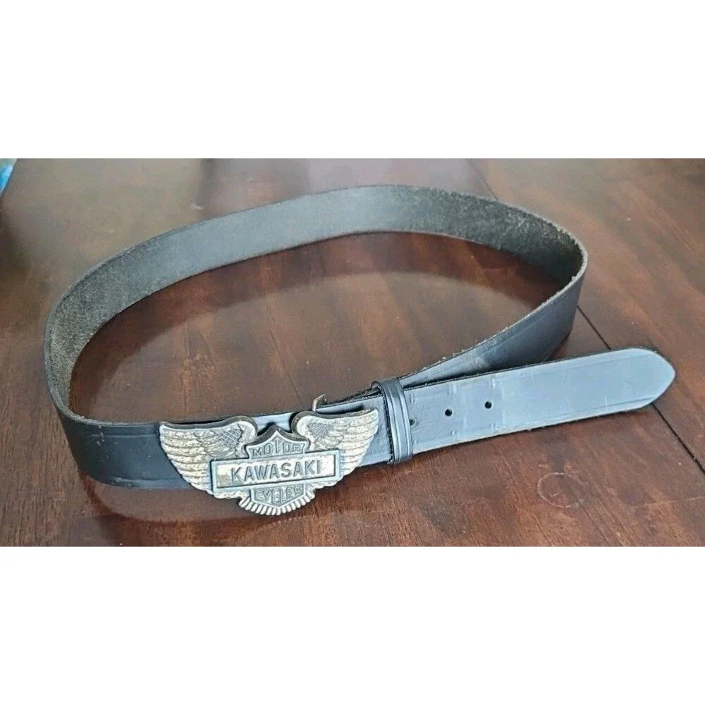Vintage Kawasaki Motorcycles Buckle With Black Leather Belt, 49" - Picture 2 of 8